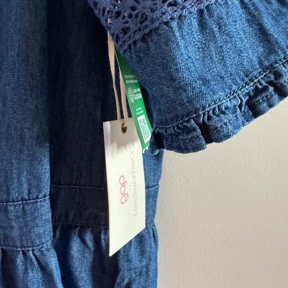 New Gap x LoveShackFancy Denim Tiered Midi Dress Blue Ruffle Button Sz M - Picture 7 of 10